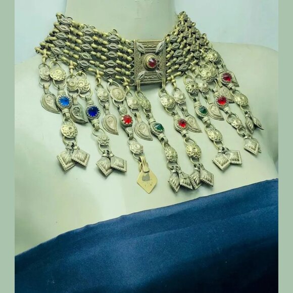 Tribal Kuchi Necklace, Dangling Tassels Vintage Choker Necklace, Boho Statement - Picture 2 of 10